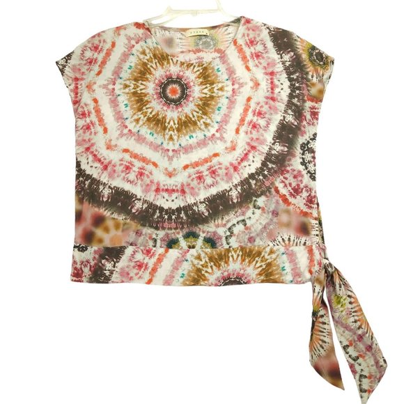Stark‎ X Womens Top Size M Pink Brown Tie Dye Print Side Tie Short Sleeve Boho - Picture 1 of 8